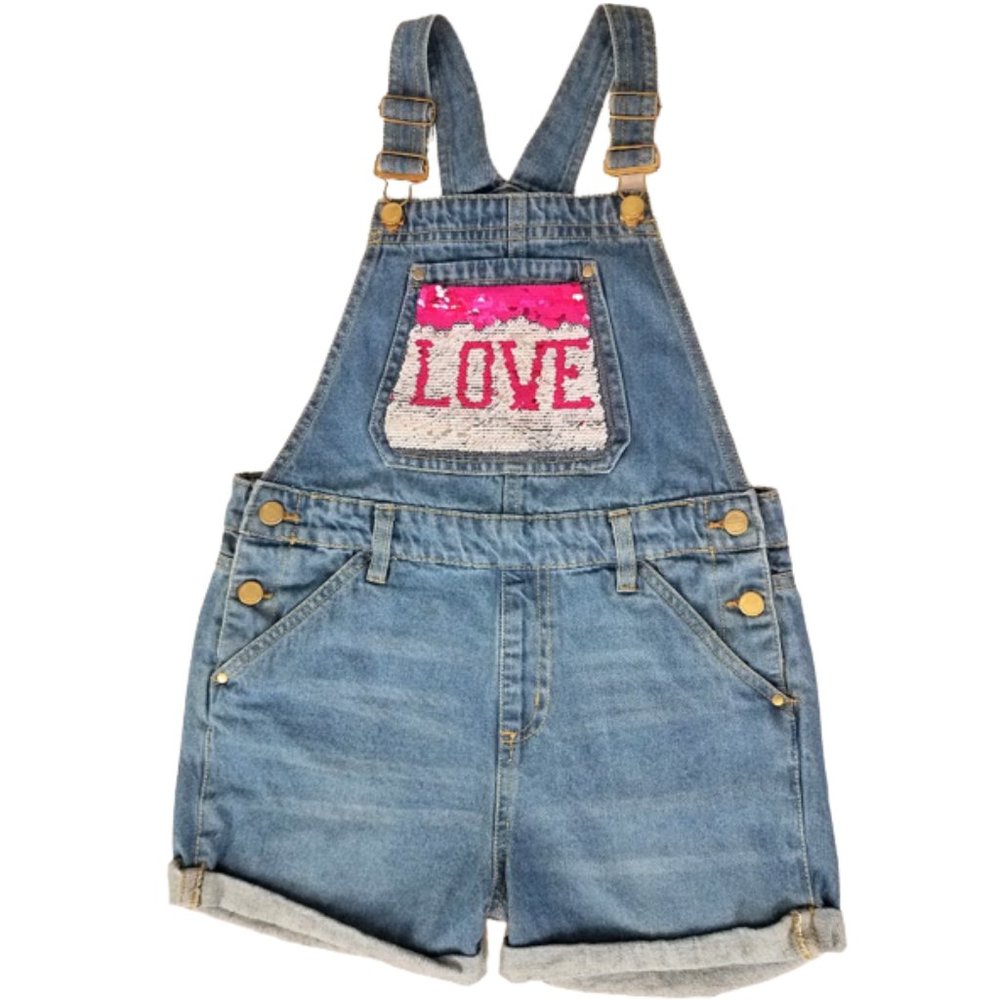 CHILLIPOP Sequined Blue Denim Jean Overall Shorts Girl's 14 - 100% Cotton